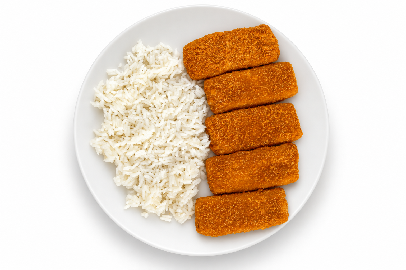 Five breaded plant-based schnitzel fingers served with rice