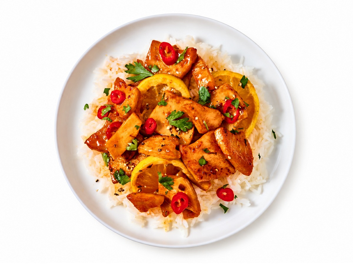 Grill-seasoned plant-based protein with lemon and chili on rice